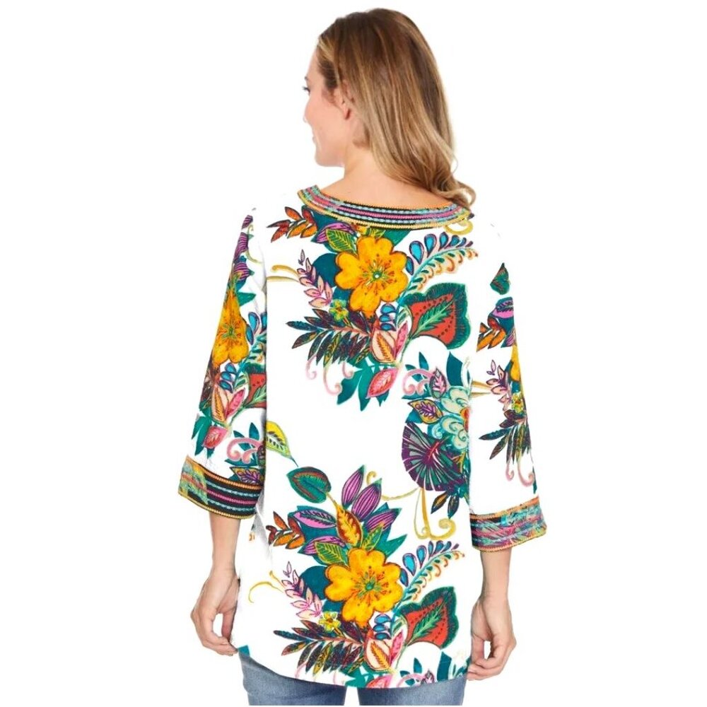 John Mark Tunic Top Size M Embroidered Tropical Floral Split V-Neck NEW $119 - Picture 3 of 11